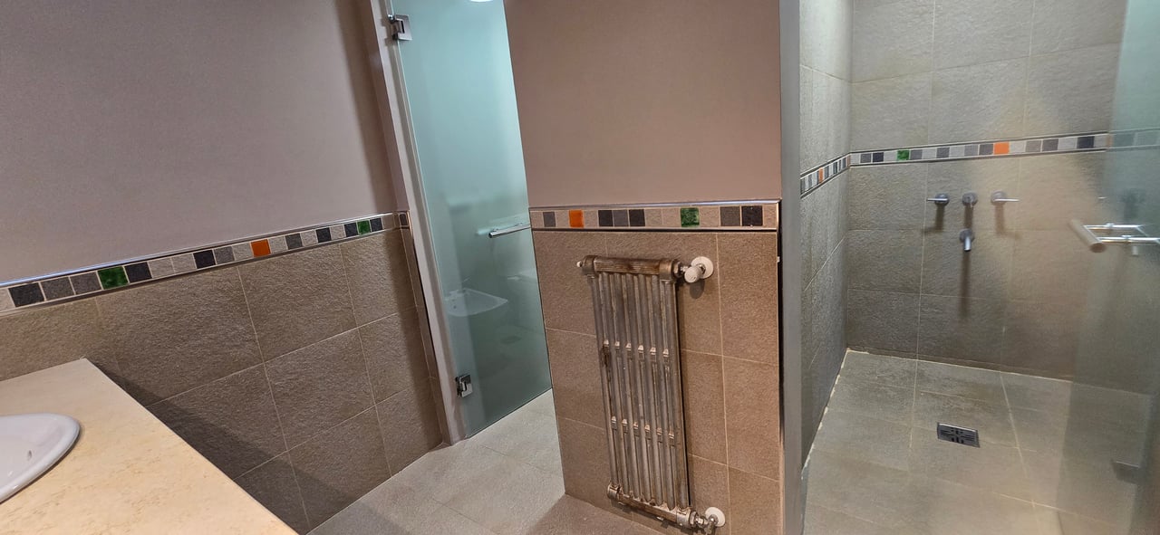 Bathroom with a walk-in shower, frosted glass partition, and wall-mounted radiator.