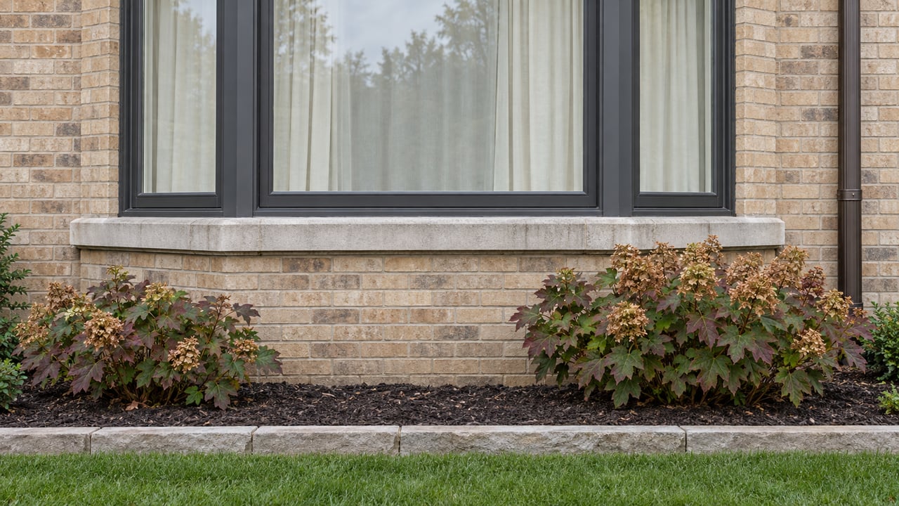 Charcoal-framed window bay in buff brick with a limestone sill above oakleaf hydrangeas and a neatly edged lawn.