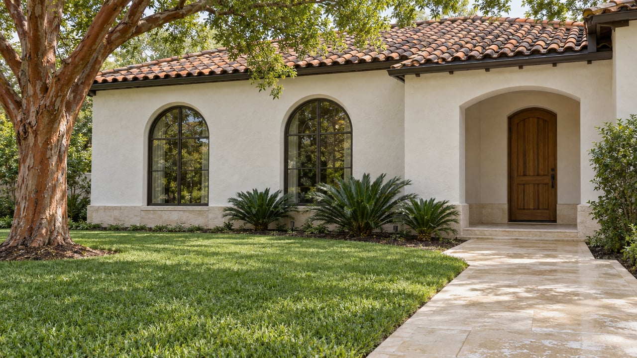 A white stucco home with arched windows and a terracotta roof beyond a limestone garden walk, shaded by a copper-barked tree.