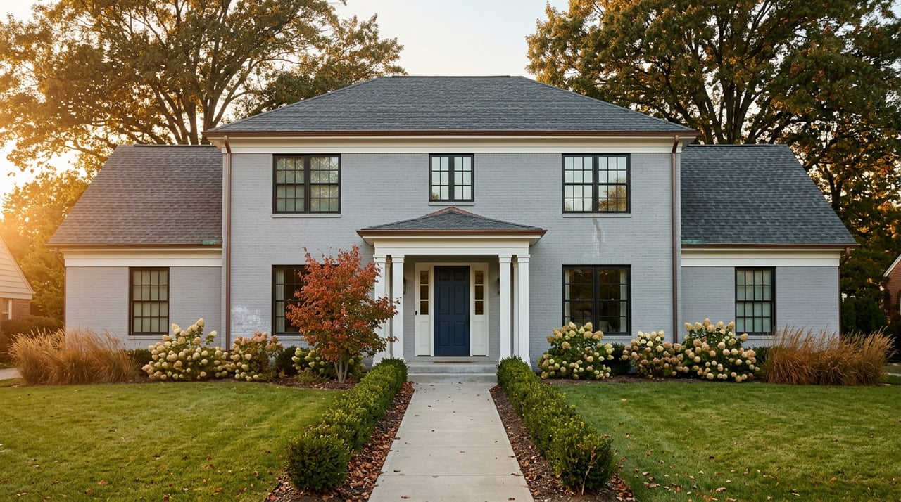 Gray brick two-story home with a steep gable, navy entry door, broad lawn, and mature autumn trees.