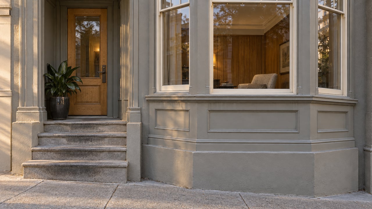 Warm afternoon light grazes a gray timber bay window beside an oak entry door and worn stone steps.