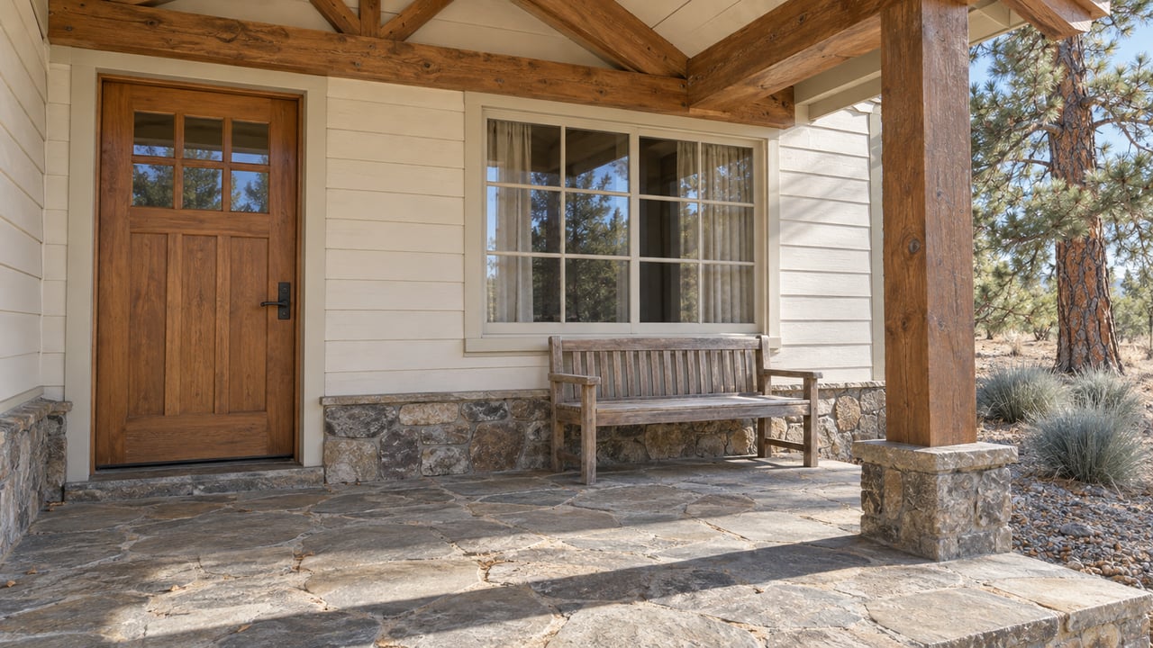 Timber-covered home entry with a glazed wood door, cream clapboard, stone terrace, and a pine beside the porch.