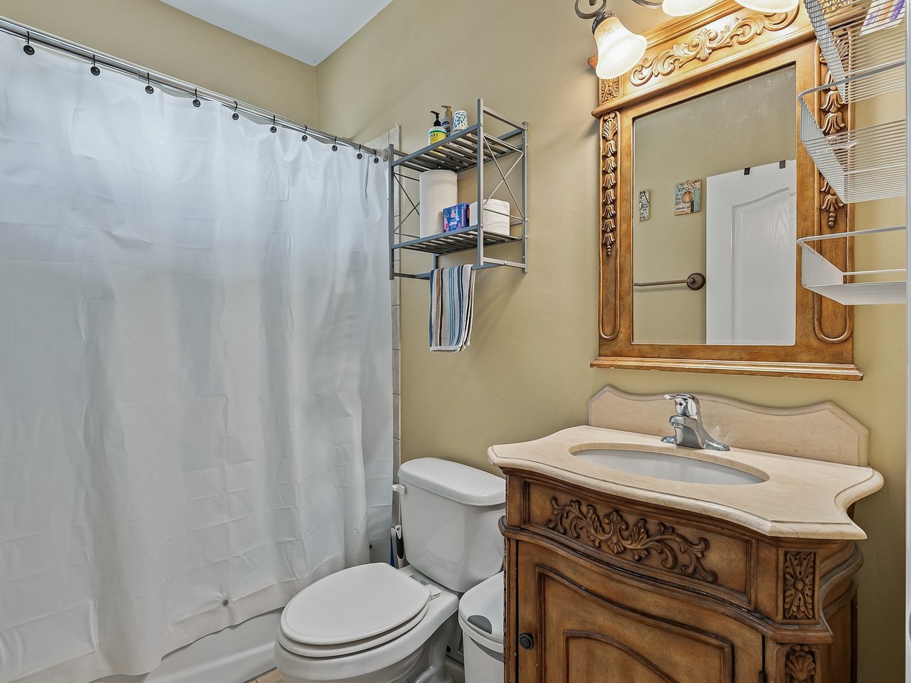 Bathroom with an ornate carved wood vanity, oval sink, large mirror, toilet, and white shower curtain.