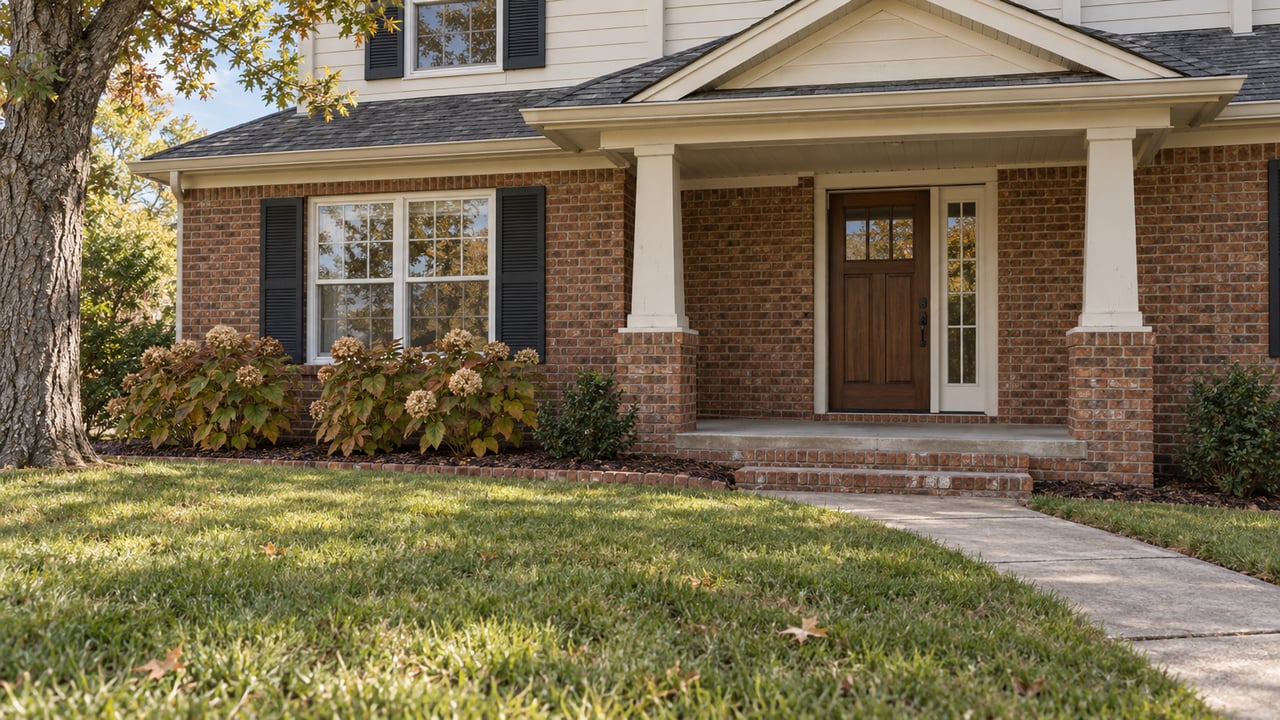 Brick and ivory-sided home with a covered front porch, broad autumn lawn and oakleaf hydrangeas.