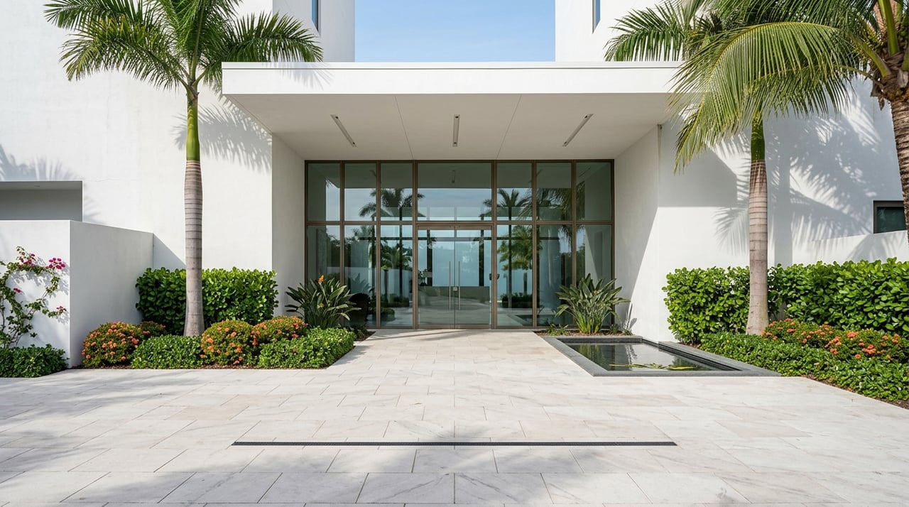 Contemporary condo entrance with a porte-cochère, glass lobby, and manicured tropical planting.