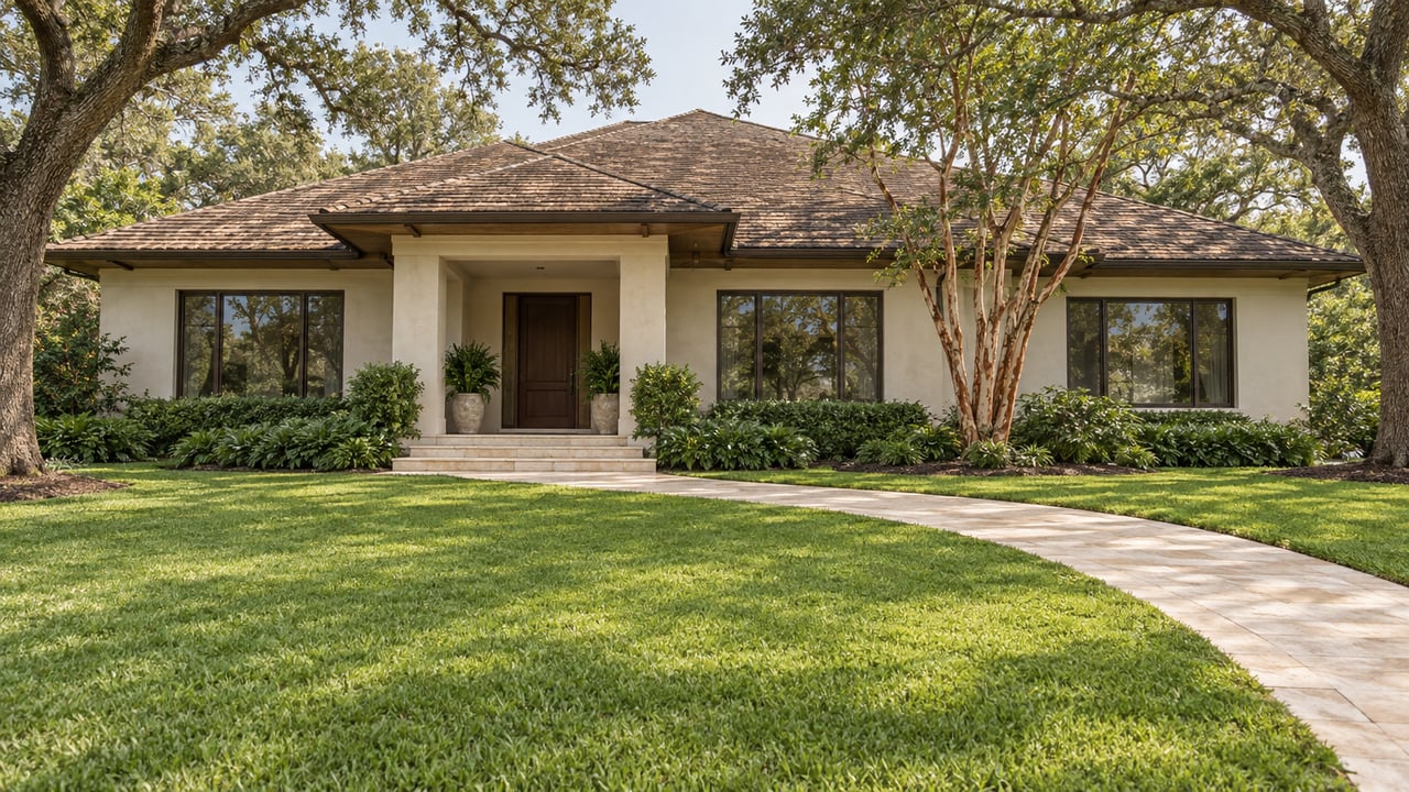 A broad shingle-roofed home behind a deep lawn, with a limestone entry walk and mature spreading trees in soft daylight.