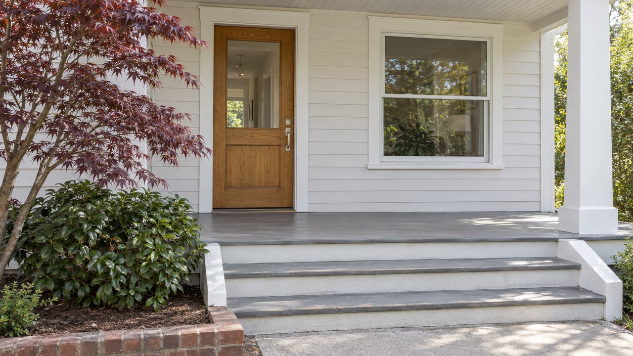Warm-white timber porch with an oak glazed front door, sash window, worn gray steps and a Japanese maple beside a brick-edged planting bed.