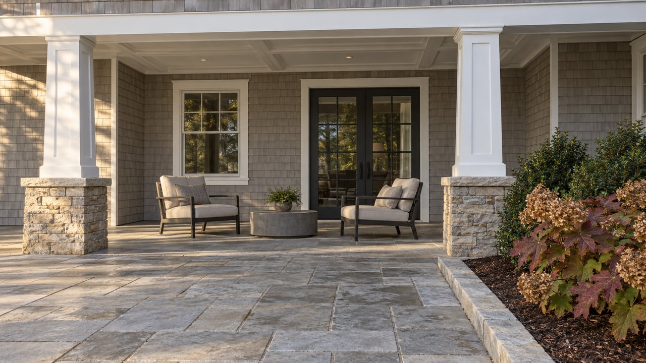 Gray shingle home with white porch columns, limestone paving and autumn oakleaf hydrangea beside a sheltered sitting area.