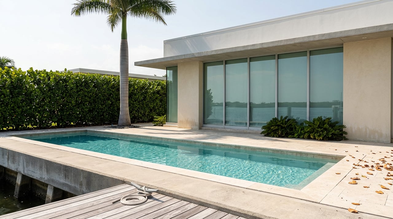 Canal-front house behind a pool terrace, with a dock, seawall, and palm in the foreground.
