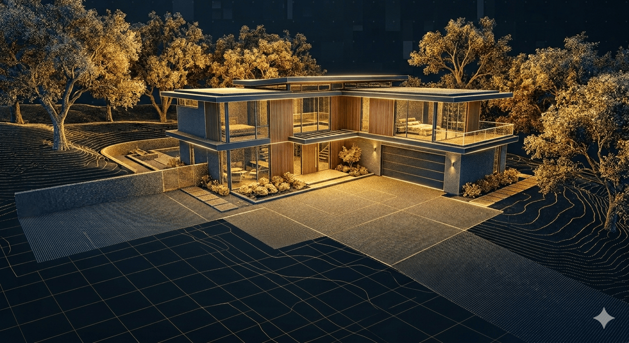 Advanced 3D LiDAR point cloud scan of a luxury Silicon Valley foothill home
