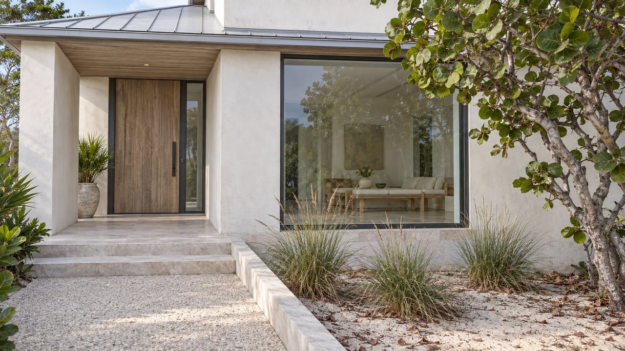 Coastal house with recessed entry, large glazed living-room window, sandy approach, and leafy tree.