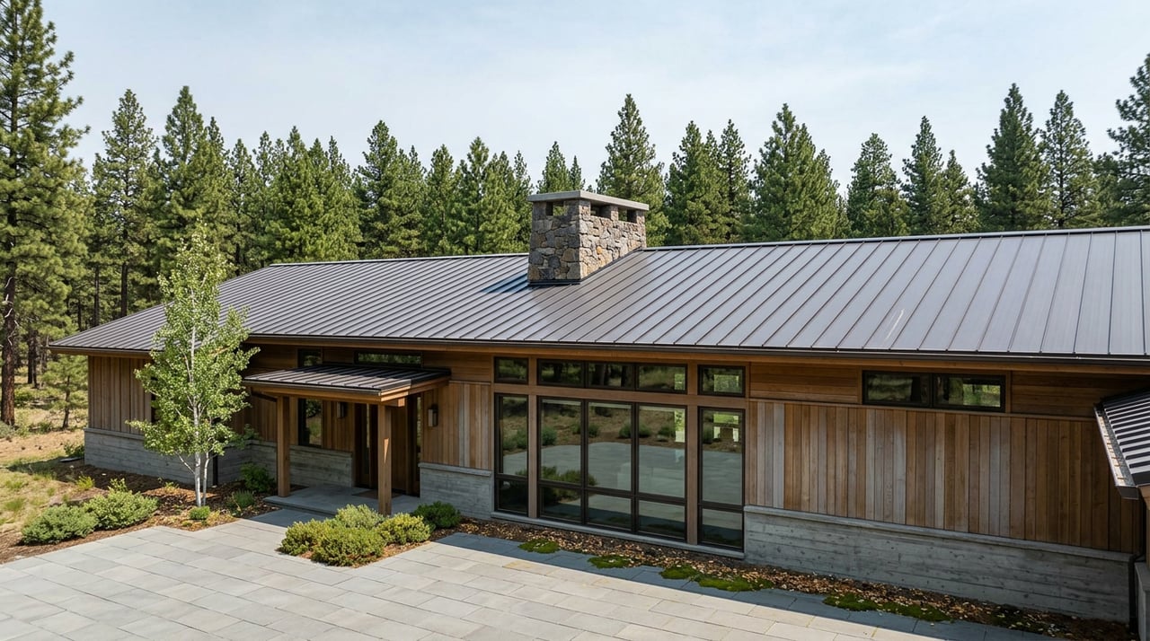 Mountain home with a broad metal roof, stacked-stone chimney, cedar siding, and forested ridge behind it.