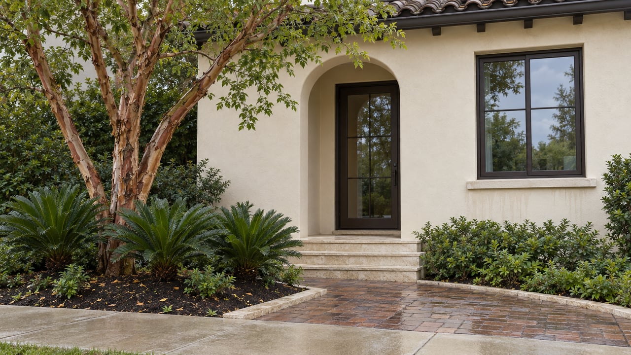 Cream stucco home with an arched glass entry, limestone steps, brick walk, and copper-barked tree.