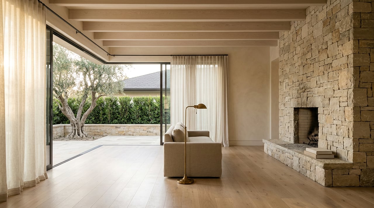 Great room with a limestone fireplace, linen sofa, oak beams, and glazed doors opening onto a terrace.