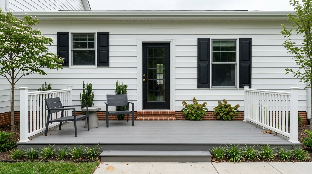 Renovated colonial home with white siding, black accents, composite deck, and curated patio plantings.