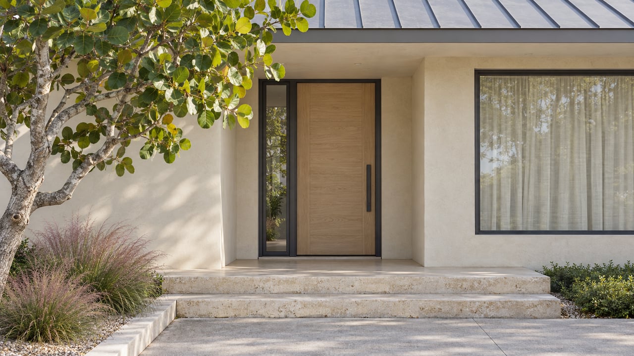 Sunlit ivory stucco home entrance with a pale wood-toned door, shell-limestone steps, and a sculptural sea-grape tree.