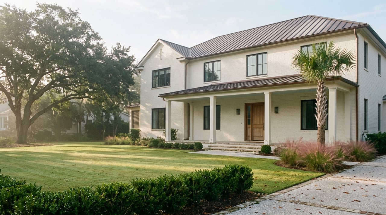 Two-story white-brick coastal home with a dark bronze roof, shaded porch, and sweeping live oak over a deep lawn.