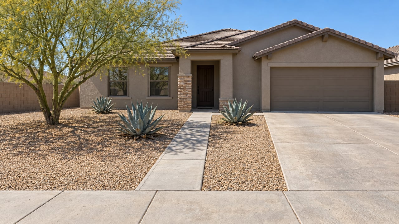 Single-story gray stucco home with a brown tile roof, deep gravel front yard, blue palo verde tree, and three agaves beside a concrete entry walk.
