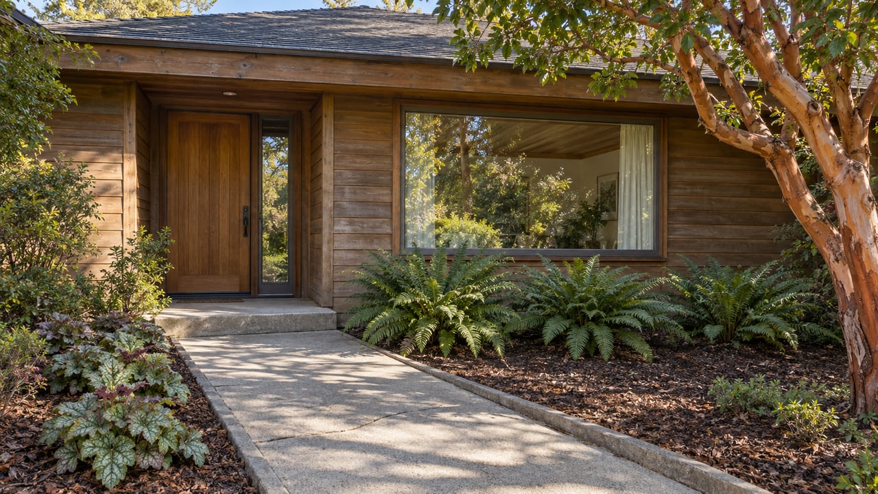 Weathered cedar home with a recessed entrance, broad picture window, concrete garden path and a sculptural strawberry tree.