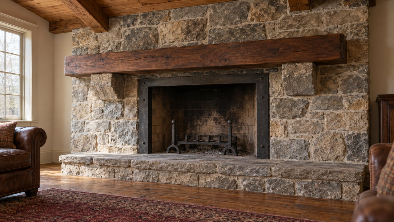 Stone fireplace with a thick walnut mantel, beside a glazed casement window and worn oak flooring.