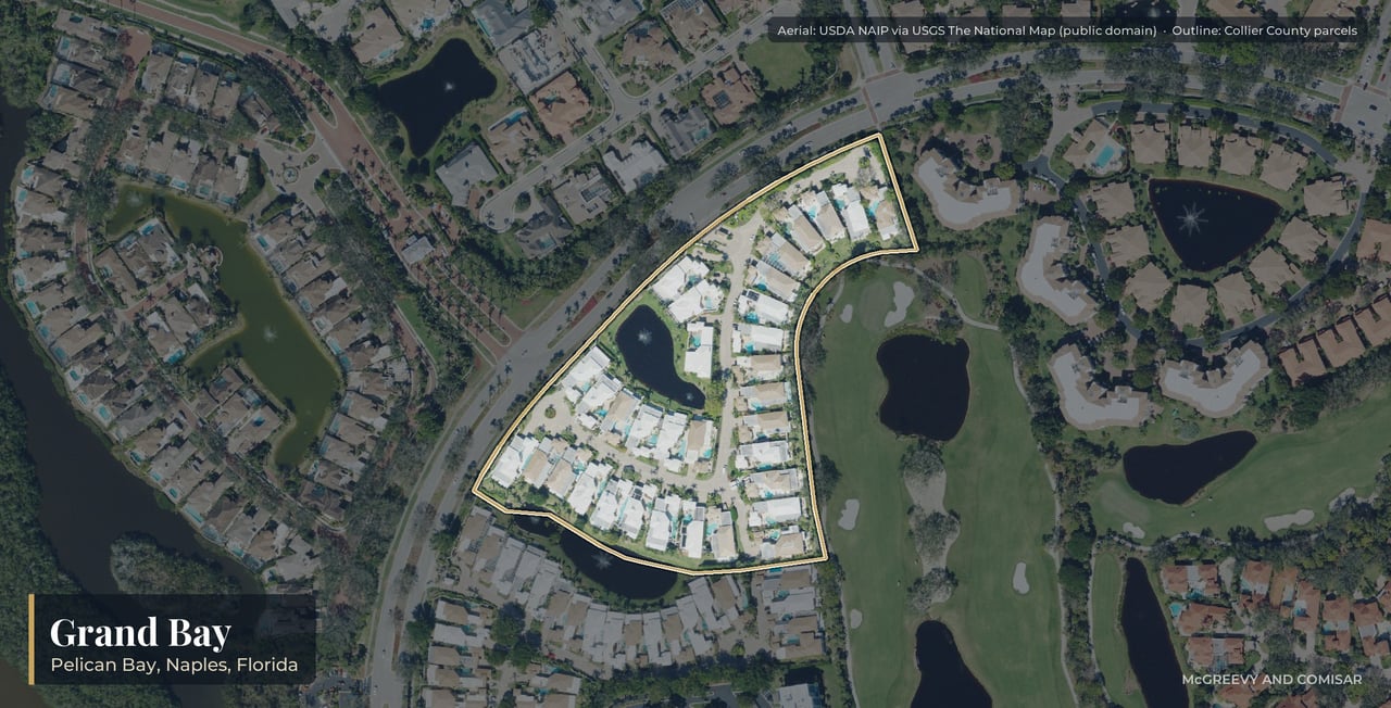Aerial view of Grand Bay at Pelican Bay, Naples, Florida, with its parcels outlined