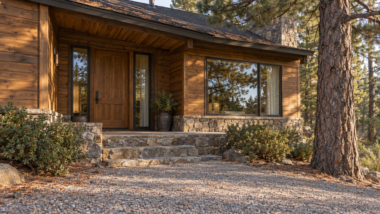 Cedar-clad mountain home entry with stone steps, gravel approach, and a ponderosa pine beside the facade.