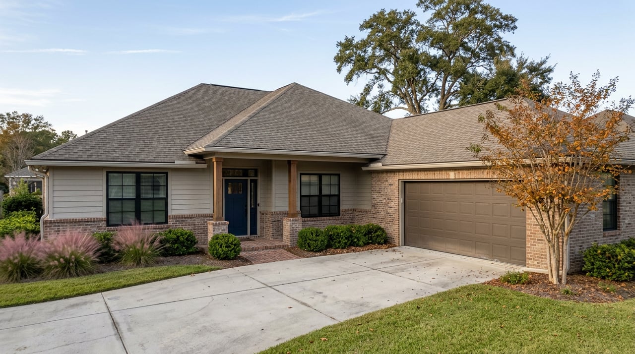 Suburban home with brick-and-siding facade, attached garage, gabled roof, live oak, and pink muhly grass.