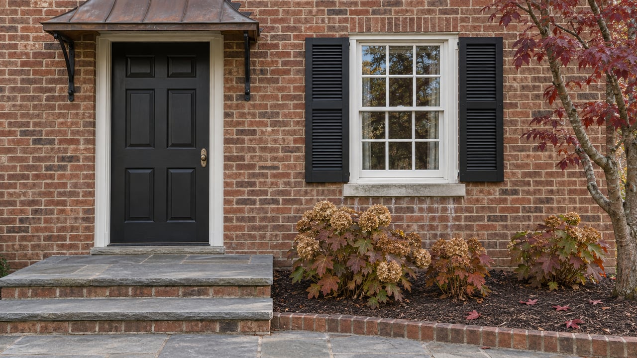 Brick house entry with a black door, aged copper canopy, shuttered sash window and russet autumn planting beside flagstone steps.