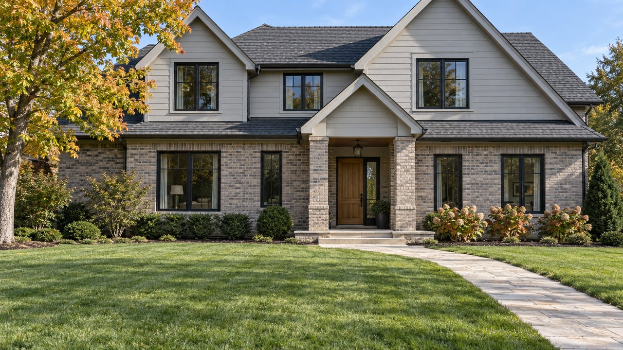 A two-story gabled house with gray brick, pale siding and dark windows beyond a broad lawn, with a turning sugar maple and oakleaf hydrangeas.