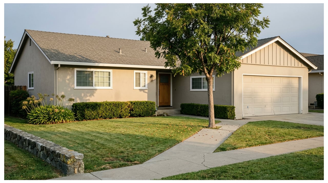 Single-story stucco house with a gray-brown roof, front lawn, mature tree, and low fieldstone wall.