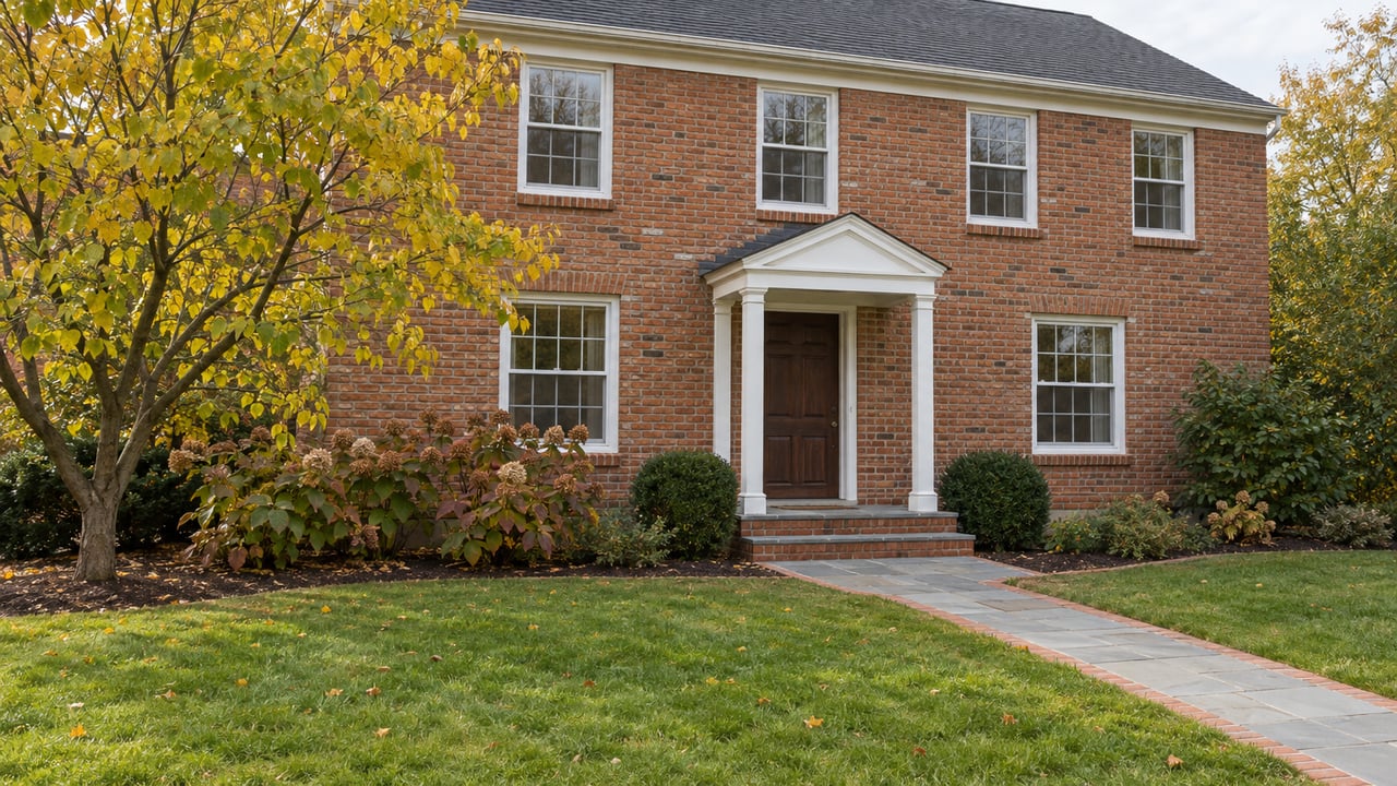 Red-brick two-story house with white-trimmed windows, a small covered entry and a bluestone walk across an autumn lawn.