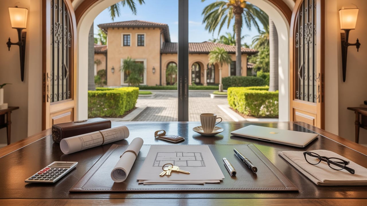 Architectural plans and tools on a desk overlooking a Mediterranean-style courtyard and palm trees.
