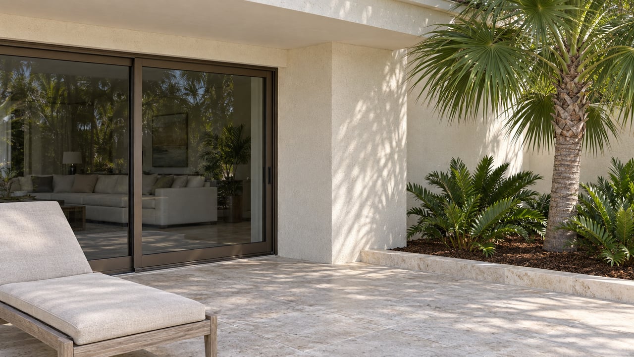 Stone patio with a cushioned chaise lounge, sliding glass doors, and tropical palm landscaping.