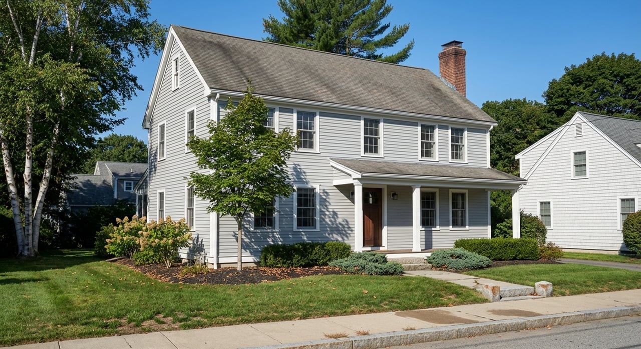 Classic wood-sided, gable-roof home with a porch beneath mature trees.