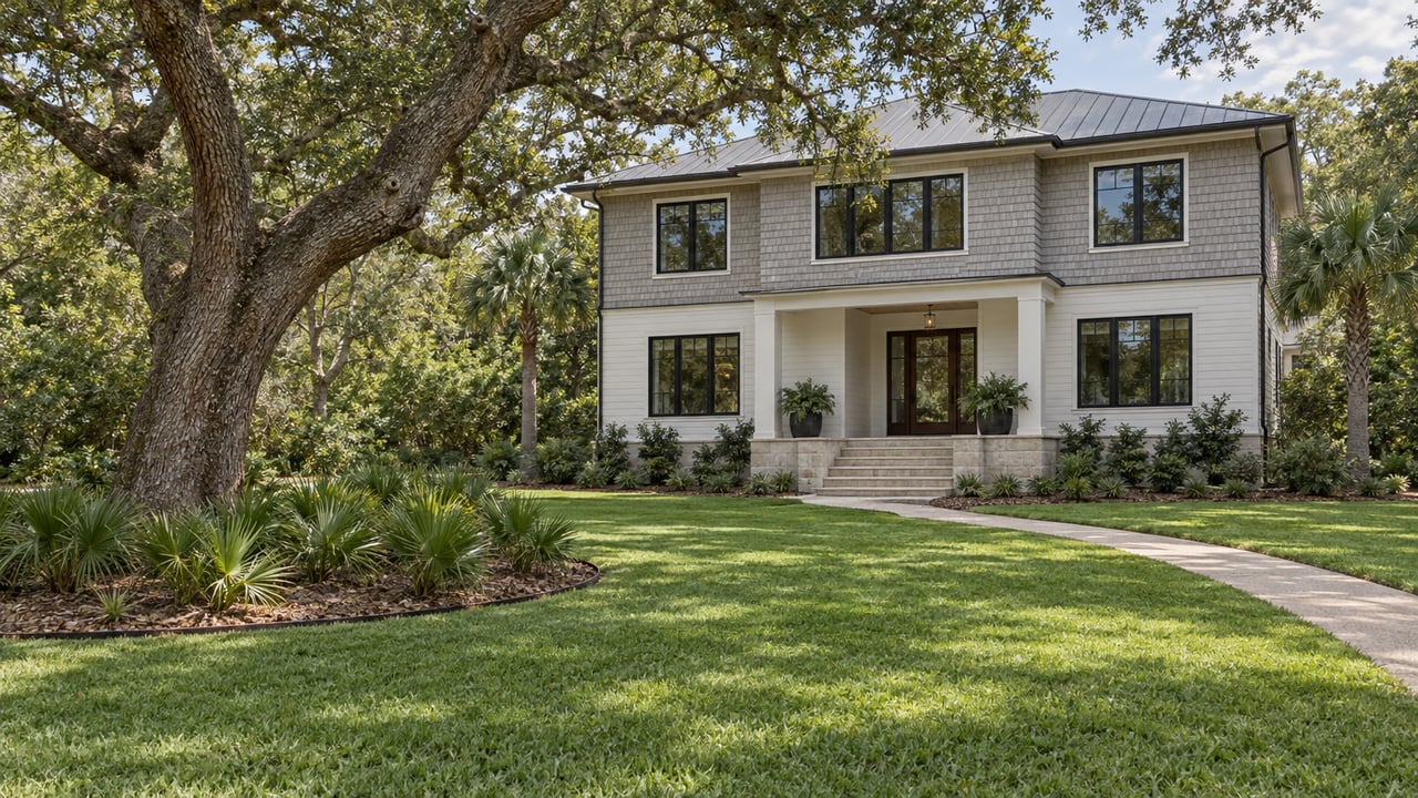 Contemporary coastal home with pale lap siding, cedar shingles and a metal roof, set beyond a deep lawn beside a mature spreading oak.