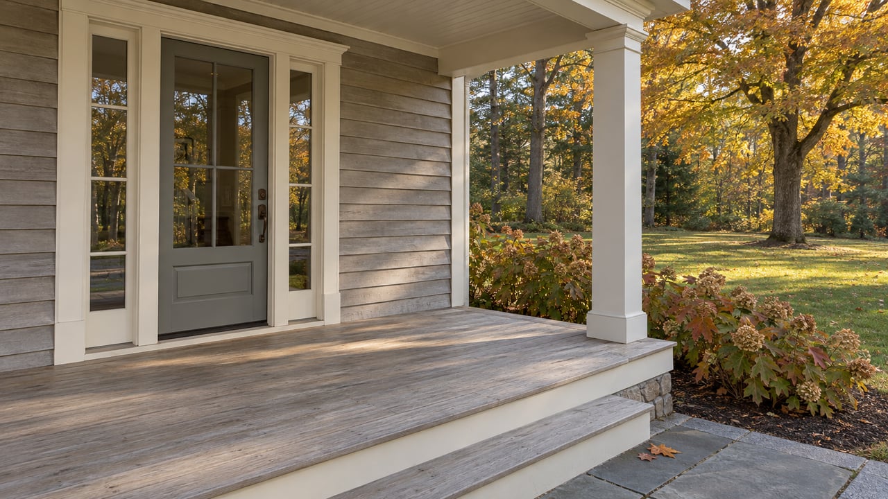 Weathered cedar porch and glazed entry framed by ivory trim, with stone steps leading toward an autumn lawn.
