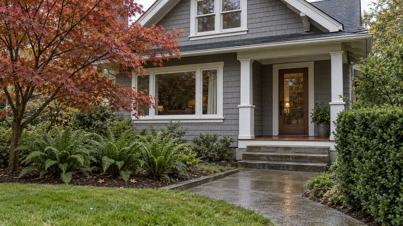 Rain-darkened concrete approach leading through a maple and fern garden to a gray-shingled home with white trim and a sheltered porch.