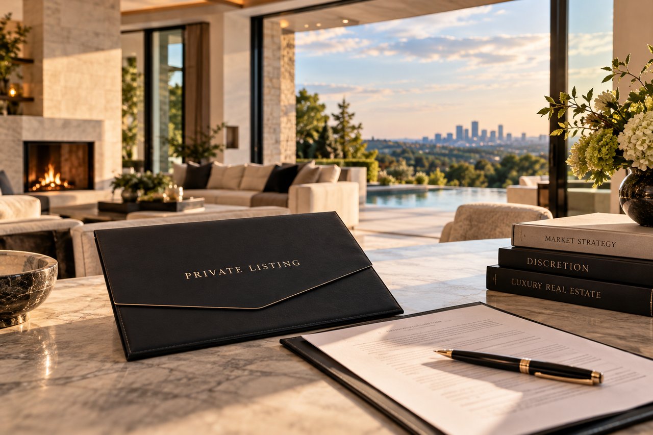 Private luxury real estate listing documents displayed inside an upscale home, highlighting discreet off-market sales, exclusive marketing strategies, and the importance of protecting property value when selling luxury real estate.