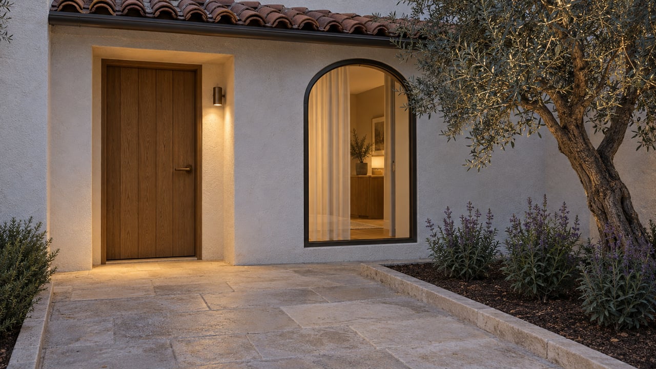 Blue-hour townhouse entrance with an oak door, arched window, white stucco, terracotta overhang, and an olive tree beside a limestone approach.