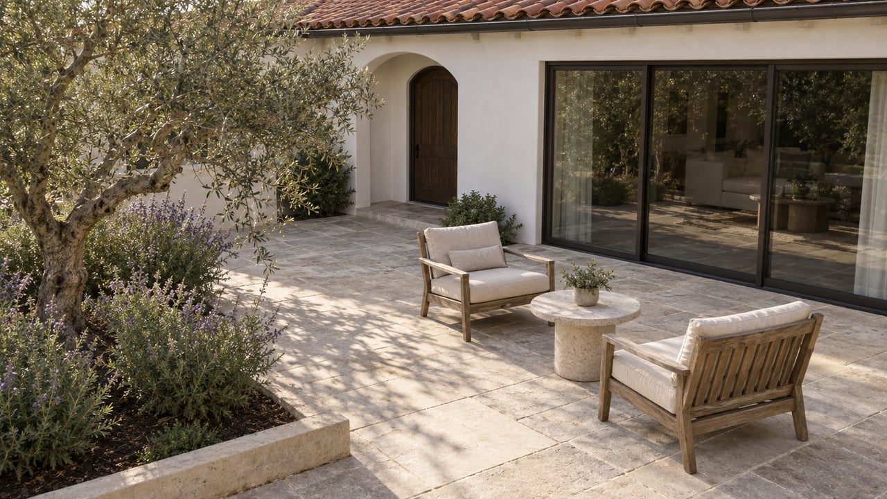 Elevated view of a limestone terrace with two weathered teak chairs beside a white stucco home, clay roof tiles and a mature olive tree.