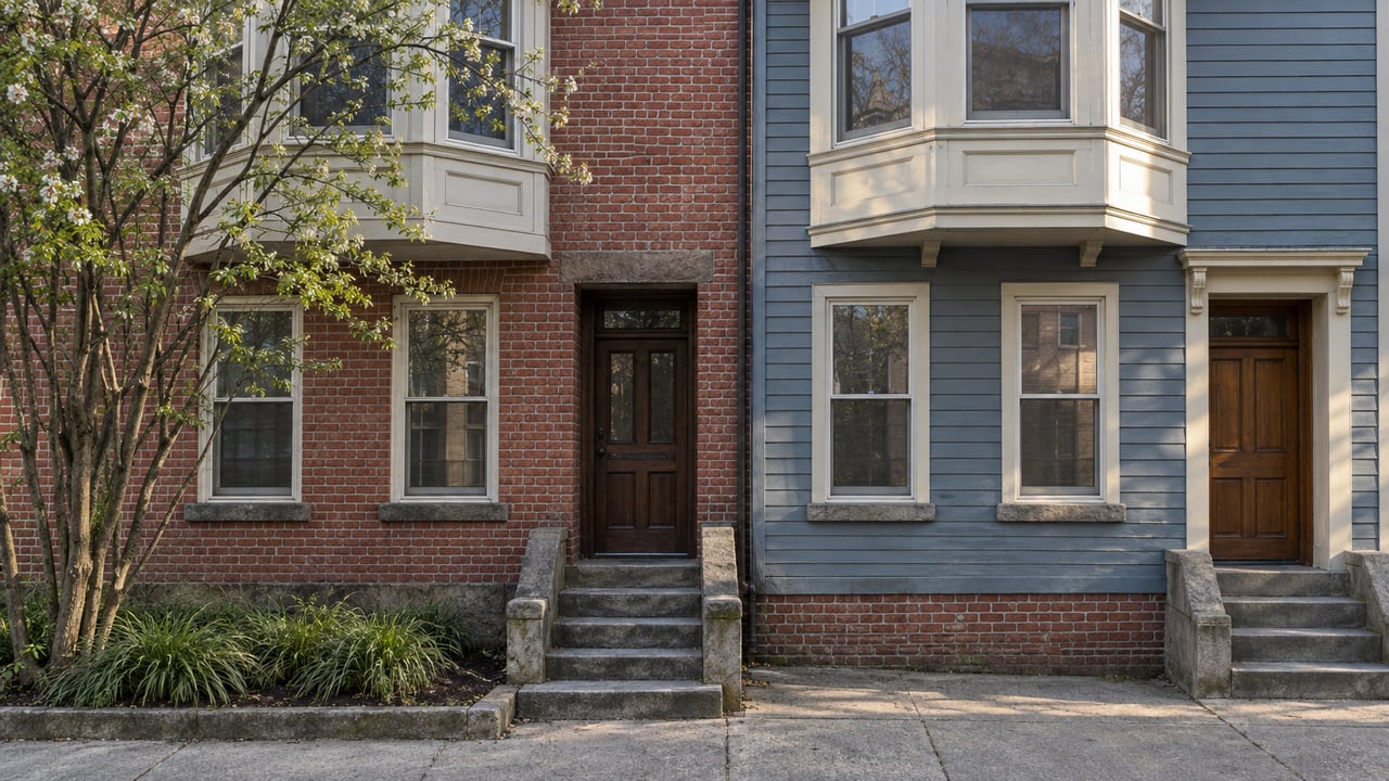 Two narrow homes with projecting bay windows, separate stone stoops, and a small tree in a narrow planting bed.