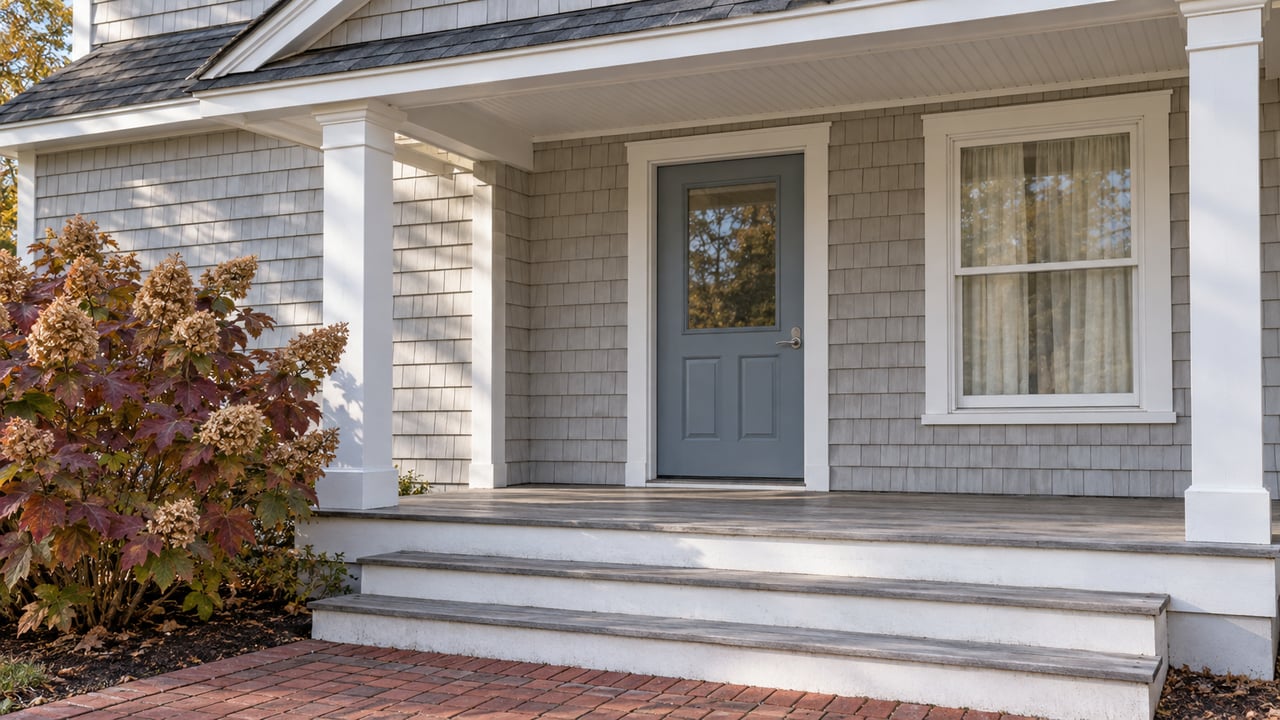 Pearl-gray shingled home with a covered porch, pale blue-gray front door, weathered wood steps and a brick approach beside burgundy oakleaf hydrangea.
