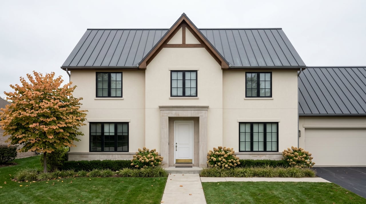 Two-story ivory stucco house with a dark metal gabled roof, centered walkway, broad lawn, and autumn-colored tree.