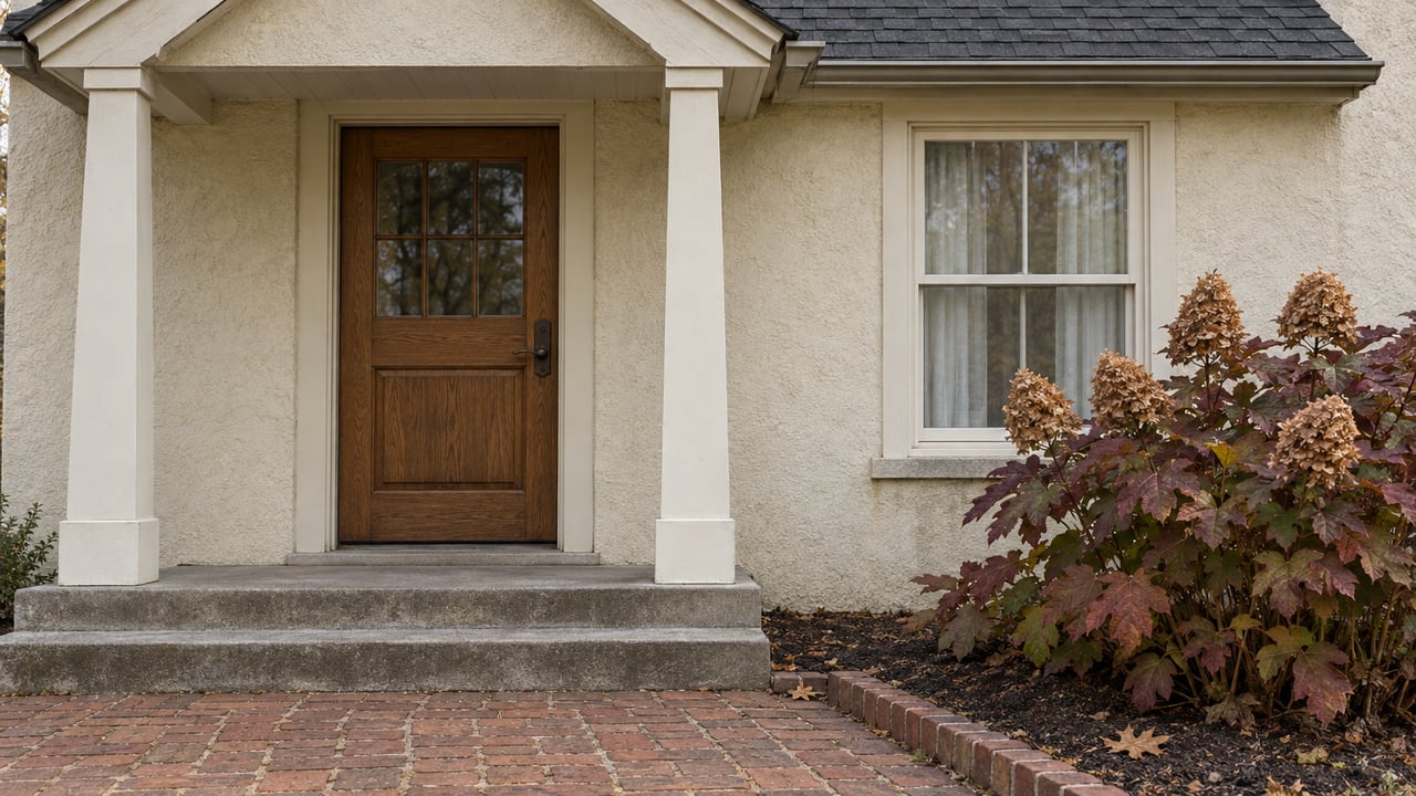 Ivory stucco home entrance with an oak door, cream-framed window, weathered brick approach and burgundy oakleaf hydrangea.