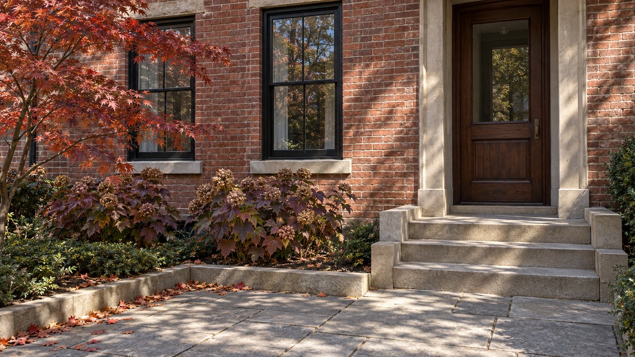 Red-brick townhouse entrance with worn limestone steps, walnut door and copper-red maple leaves in a small paved court.
