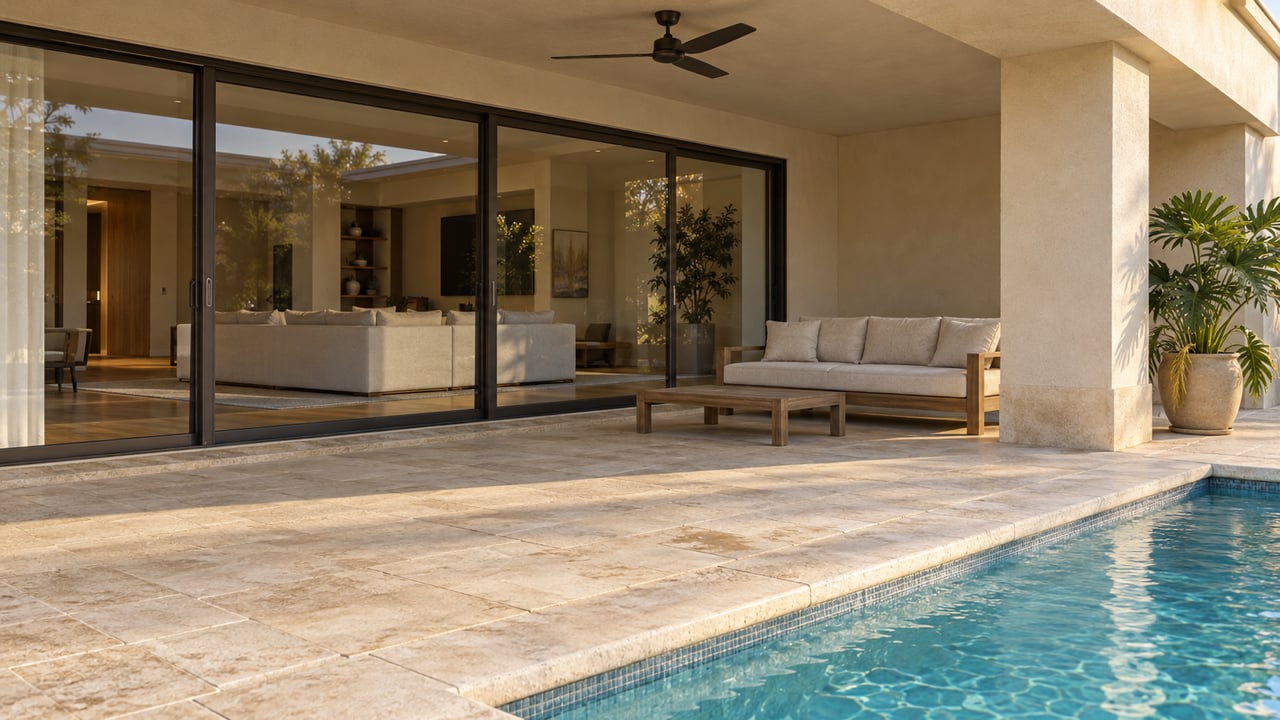 Sunlit limestone pool terrace with a shaded teak sofa, ivory stucco overhang and closed bronze-framed glass doors.