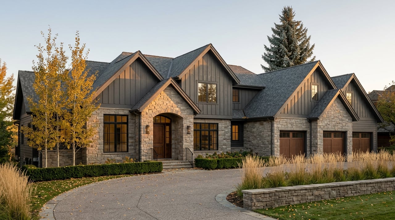 Mountain lodge estate with stone and dark siding, walnut garage doors, curved paver drive, and golden aspens.