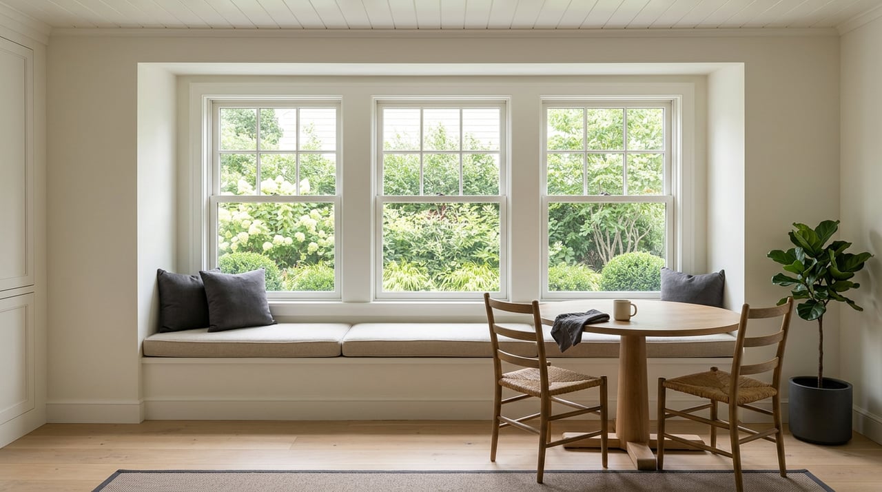 Breakfast nook with a bay window, oatmeal banquette, round oak table, and leafy garden beyond.
