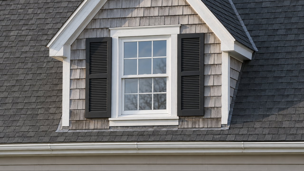 Close view of a gray cedar-shingled dormer with white trim, paired black shutters and a charcoal roof in autumn afternoon light.