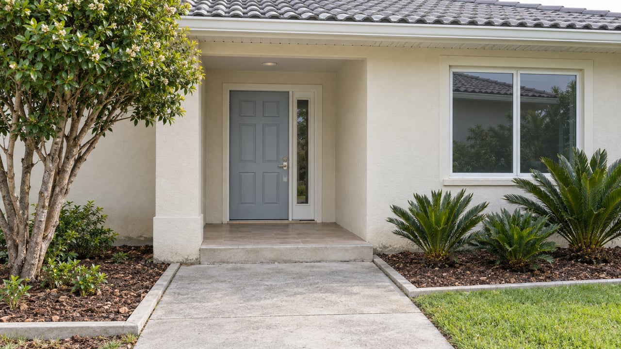 An ivory stucco home's covered entry with a blue-gray door, concrete approach, and carefully placed native planting.